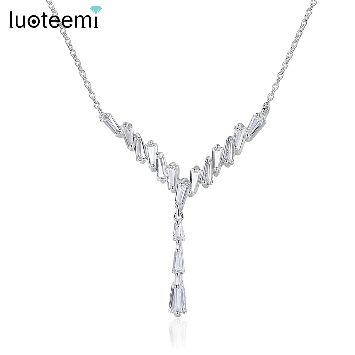 

LUOTEEMI Geometric Clear Cubic Zirconia Stone Necklace Brilliant Long Pendant Neck Chain for Women Pageant Wedding Jewelry Gifts