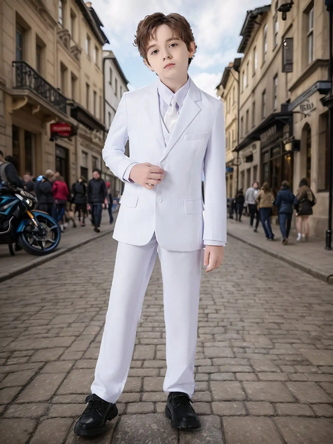 

Белый формальный костюм для мальчиков из 4 предметов: приталенный пиджак, рубашка, брюки и галстук для свадеб и торжеств