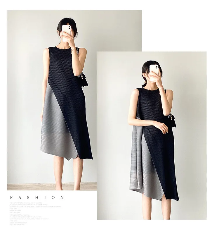 Miyake Plissiertes Kleid mit Farbblock-Design, Sommer 2025, Neues Modell mit Farbkollisions-Effekt, Locker Geschnittener A-Linien-Rock in Übergröße – Detail 5