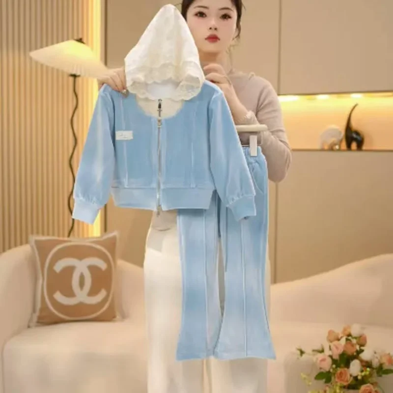 2025 New Children's Wear Medium And Large Children's Style Lace Fake Two Piece Hoodie Two Piece Set Girls' Spring And Autumn Set