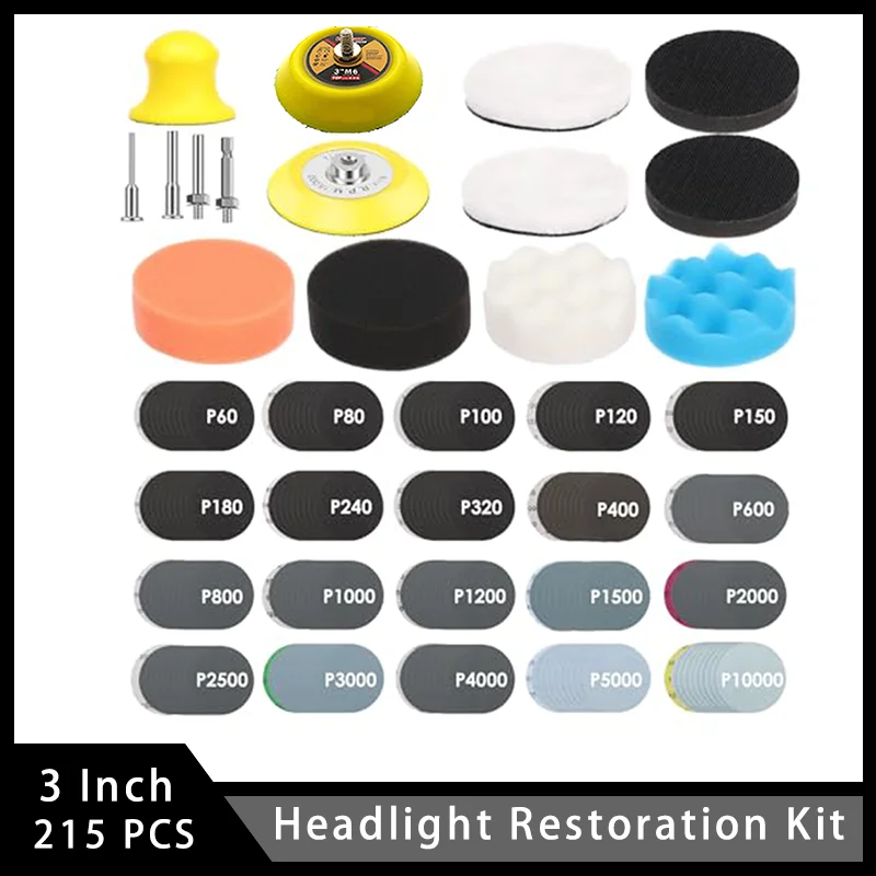 3 Inch Drill Polishing Kit Hook and Loop Sanding Disc Headlight Restoration Kit 215 Pcs Assorted 60-10000 Grits for Auto Glass