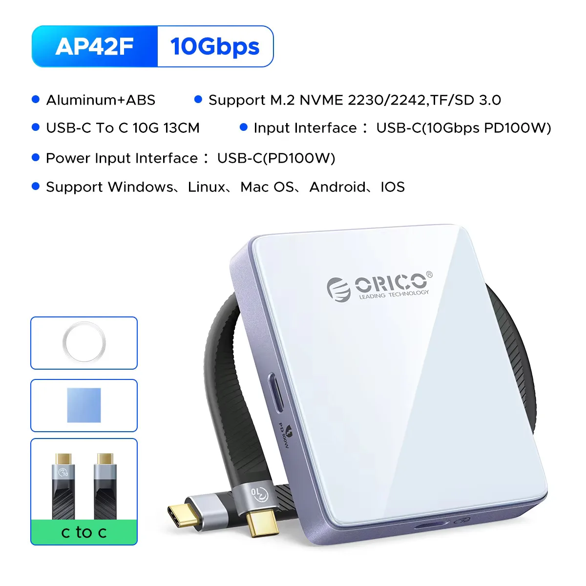ORICO M.2 NVMe حاوية SSD مغناطيسية 2230 2242 قارئ بطاقات TF حافظة SSD خارجية مع PD 100 وات 10 جيجابت في الثانية لهاتف iPhone 16 17