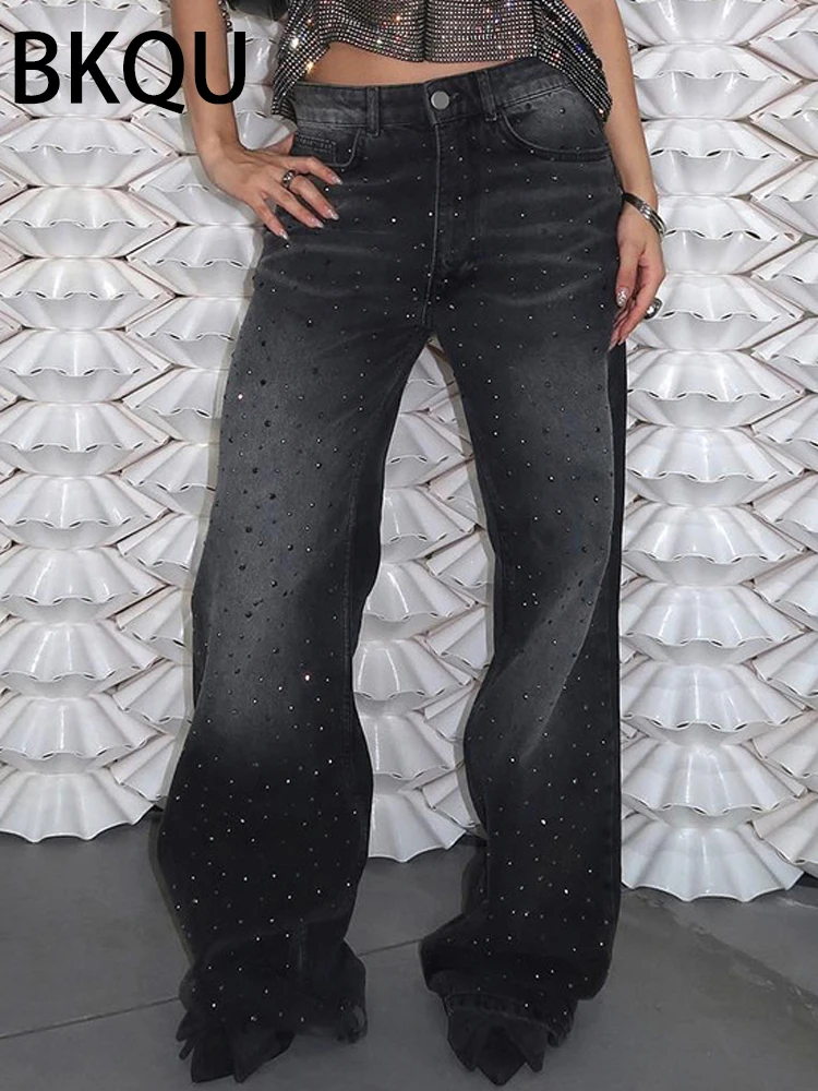 BKQU 2024 American Wide Leg Jeans Women Black High Waist Straight Diamond Rhinestone Baggy Denim Long Pants All-match Streetwear