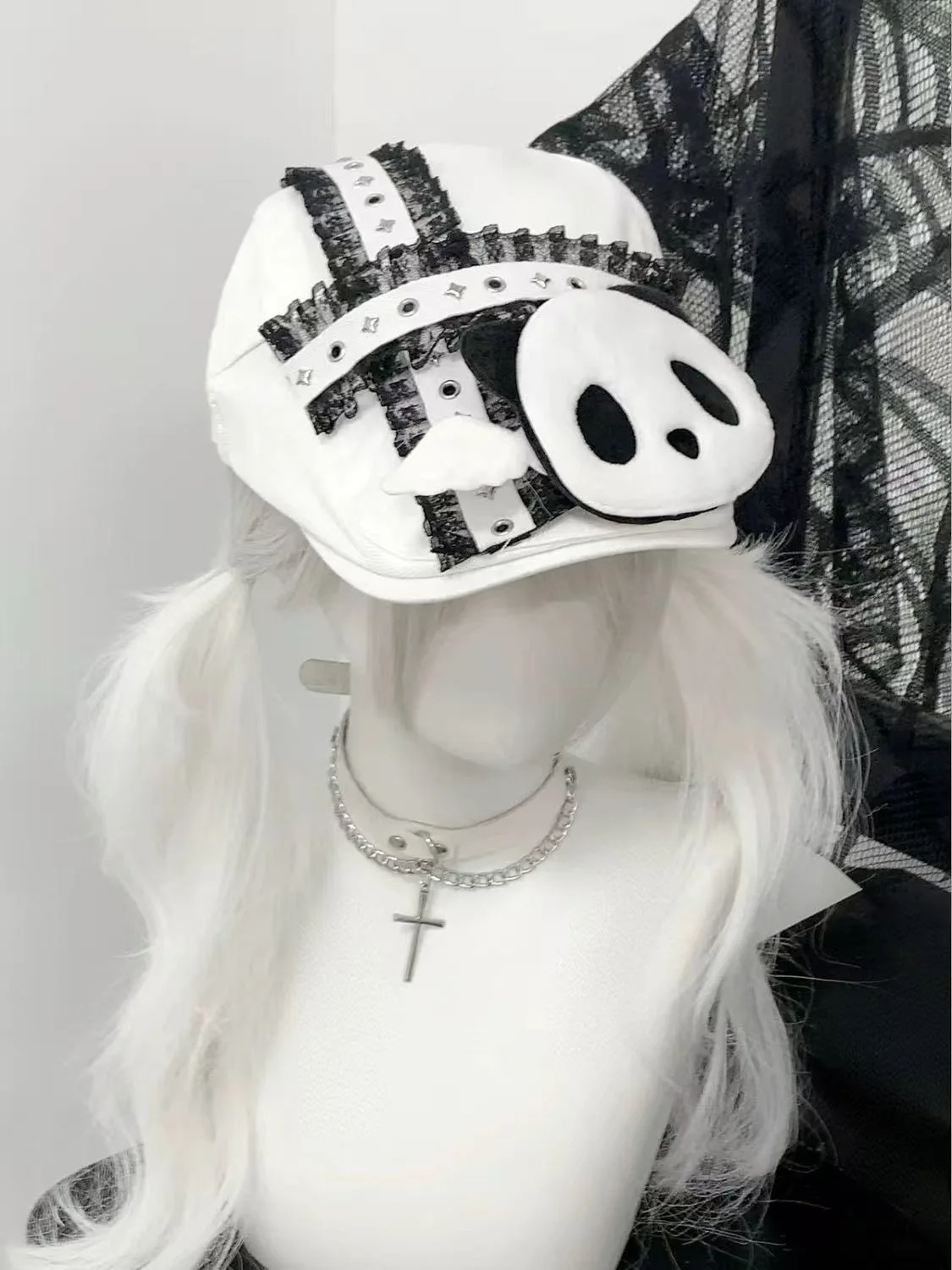 Lolita Girl Harajuku Gothic Punk Subculture Lace Beret Black/White Panda Hat Summer Shade Y2K Sweet Cool Cap
