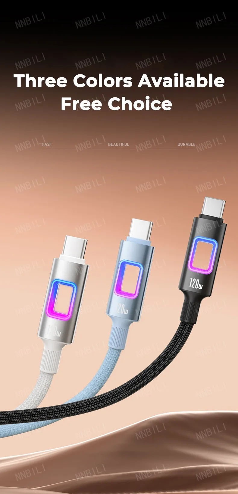 NNBILI Dual Type C 120W USB A to Type C Fast Charging Data Cord Type-C Quick Charging for Huawei MacBook iPad iPhone 18 17 Honor