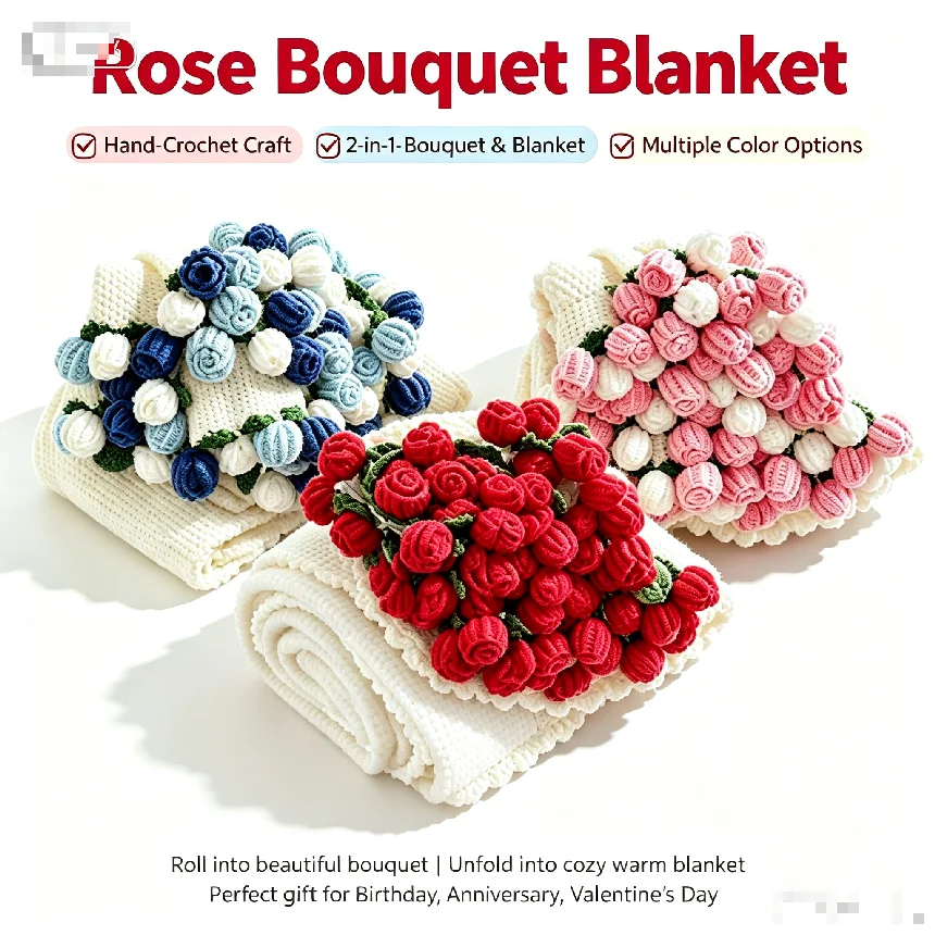 Rose Bouquet Blanket 1pc Handmade Crochet 2-in-1 Soft Floral Throw Blanket for Sofa Bed Valentine's Day Birthday Anniversary Gif