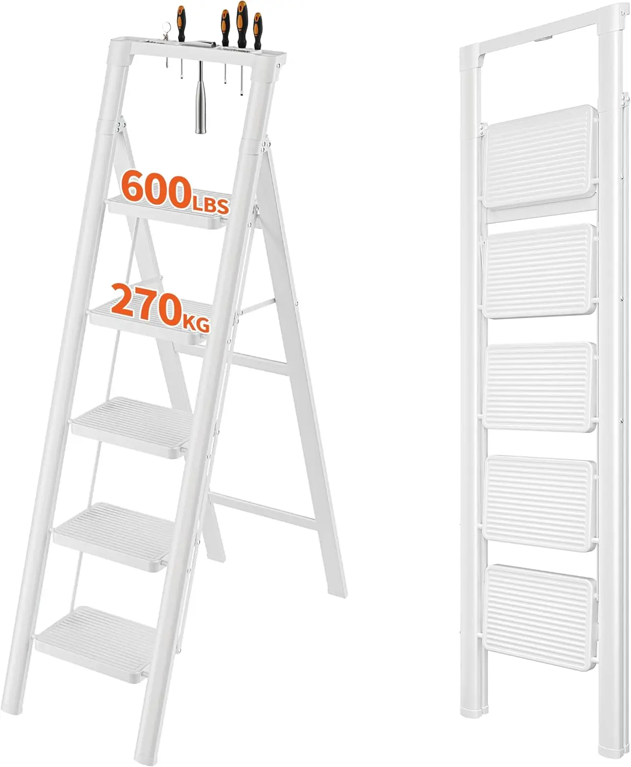 Step Ladder, Folding Step Stool with Tool Platform, 600lbs Portable Sturdy Steel Ladder with Wide Anti-Slip Pedal, Lightweight,