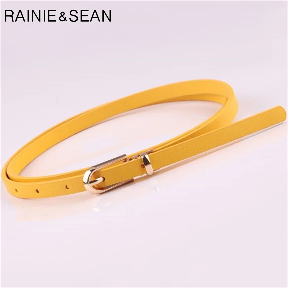 RAINIE SEAN Leather Dress Belt Woman Belts For Dress Candy Color Yellow Red Pink Brown PU Waist Thin Women\'s Belt Narrow Strap