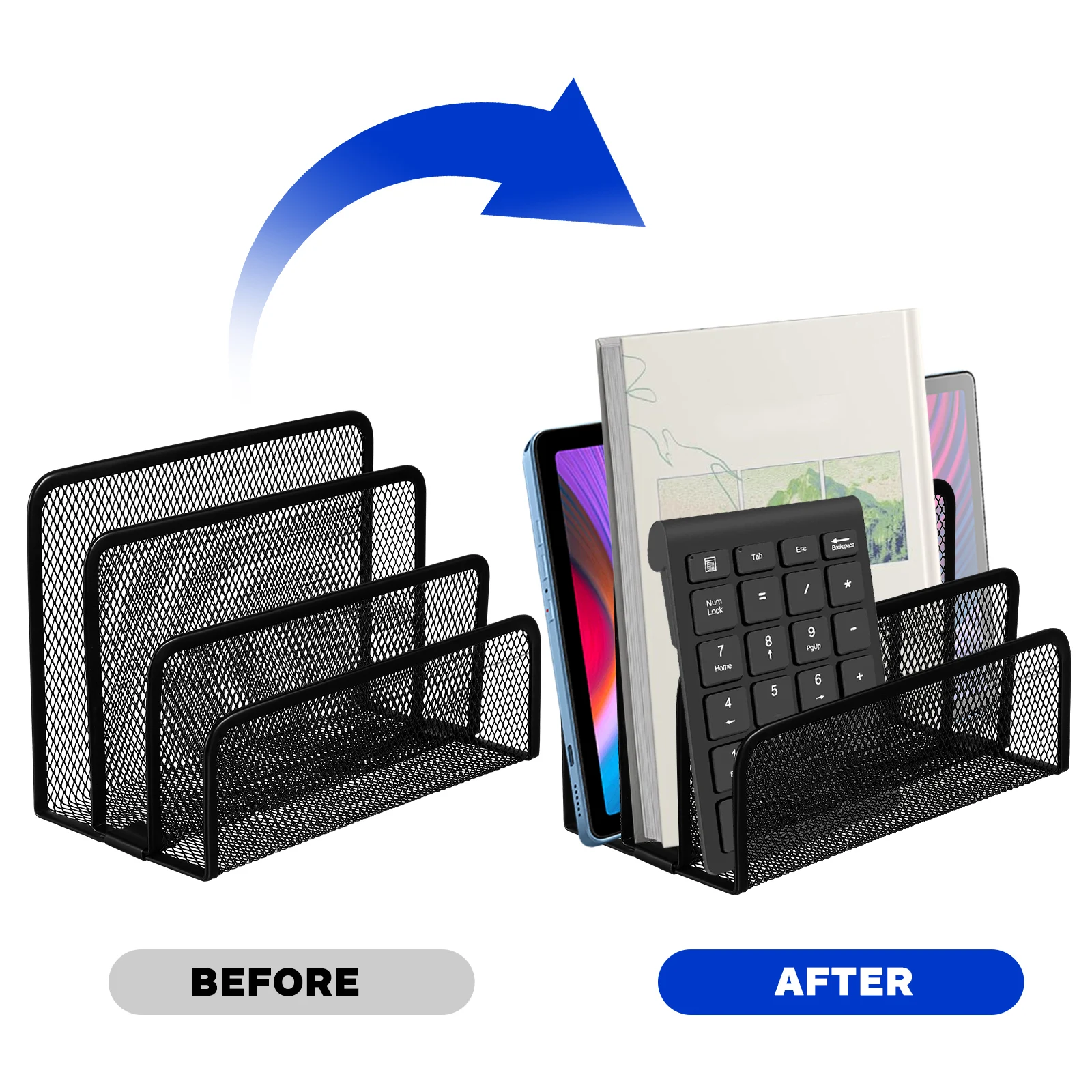 Smooth Surface File Organizer Desk Three-Section Document Sorter Black Metal Storage Rack