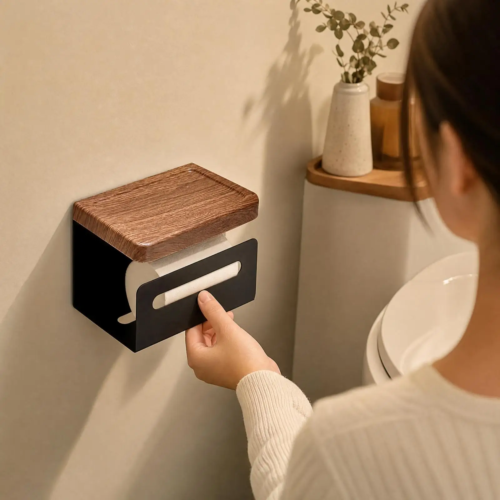 Modern Wall Tissue Dispenser with Geometric Cutouts for Bathroom Organization and Space Saving Storage