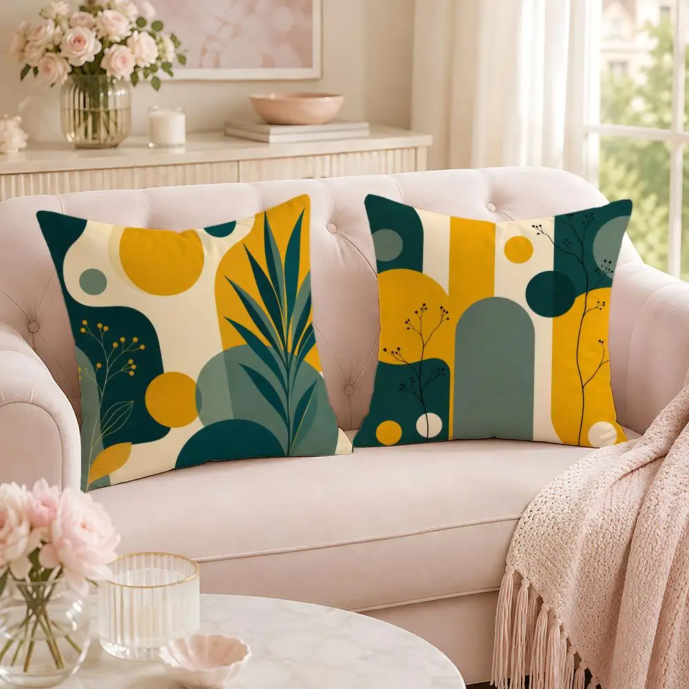 Yellow Mustard And Turquoise Floral Cushion Cover Soft Short Plush Pillow Case Double Sided Print Washable Sofa Home Decor Gift
