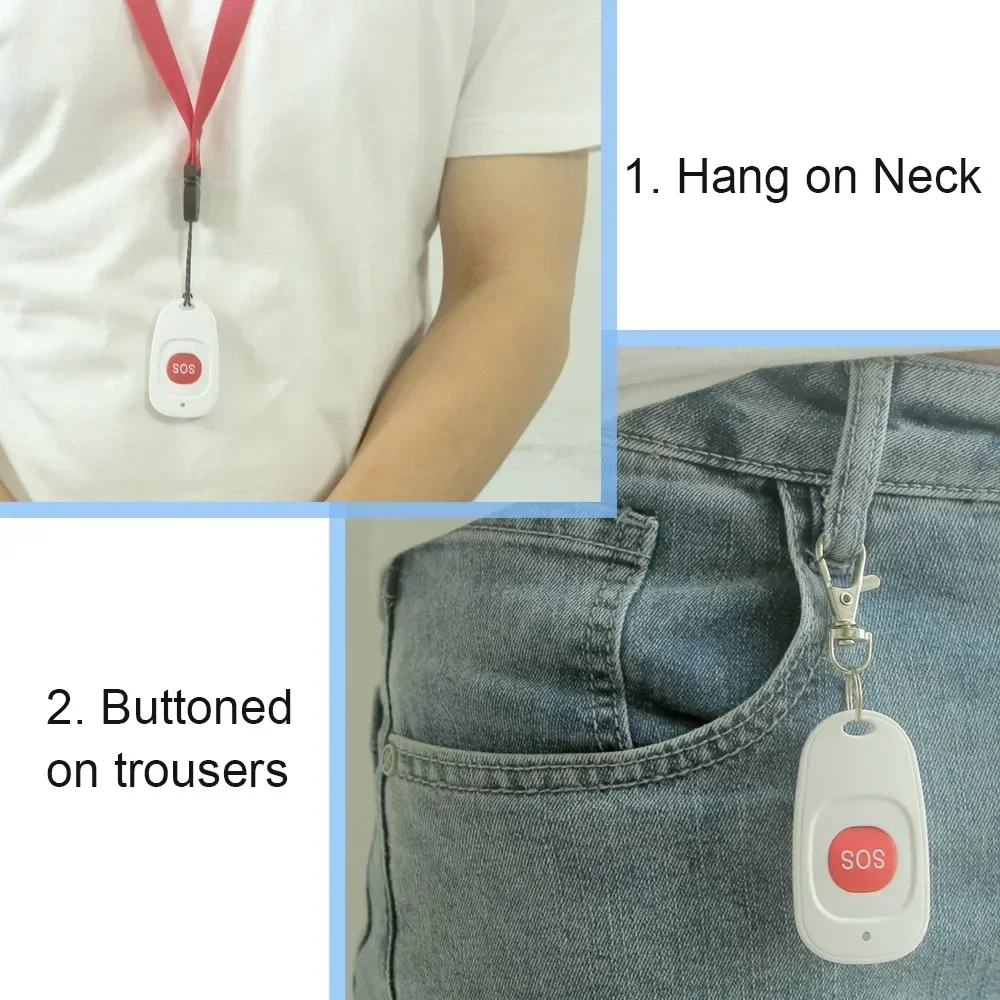 نظام إنذار منزلي بزر الذعر SOS، زر الطوارئ، إنذار المسنين، وحدة تحكم سلسلة المفاتيح، كبار السن، GSM، WIFI، RF 433MHz