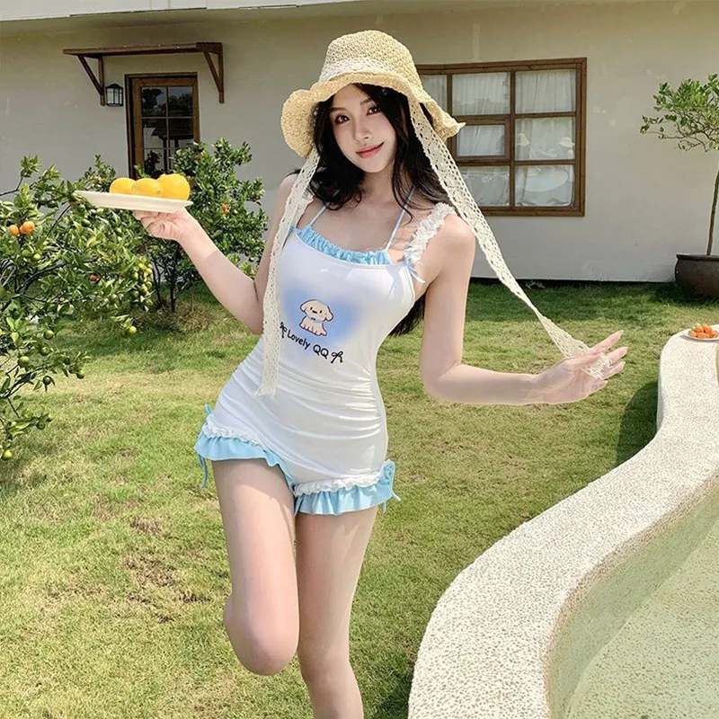 Women Beach Dress Ruffle Halter Vest Swimsuit Bikini One-Piece Monokini Cover Up New Sweet Swimwear Girls Padded Beachwear Dress