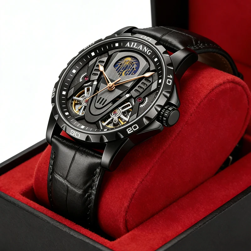 

Мужские автоматические механические часы 2026 года с уникальным дизайном, двойным турбийоном, черным циферблатом, фазами Луны, водонепроницаемые, с кожаным ремешком