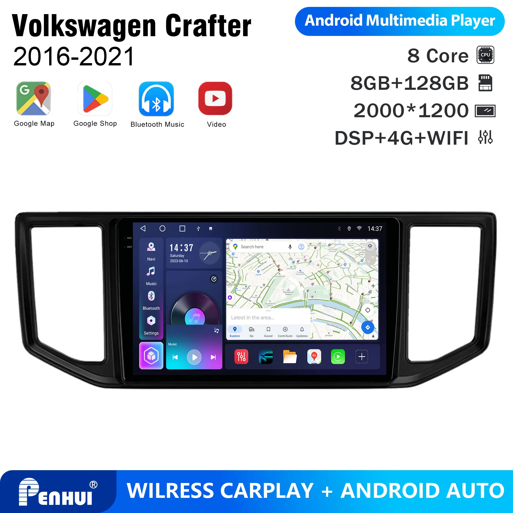 Penhui Android Car DVD Player 2 Din for Volkswagen Crafter 2016-2021 Multimedia Screen with DSP, Bluetooth, Audio & CarPlay