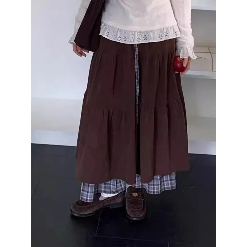 Heavyweight A-Line Mini Skirt with Patchwork Design Double Layered Cake Skirt Retro Corduroy Half-length Skirt for Autumn Winter