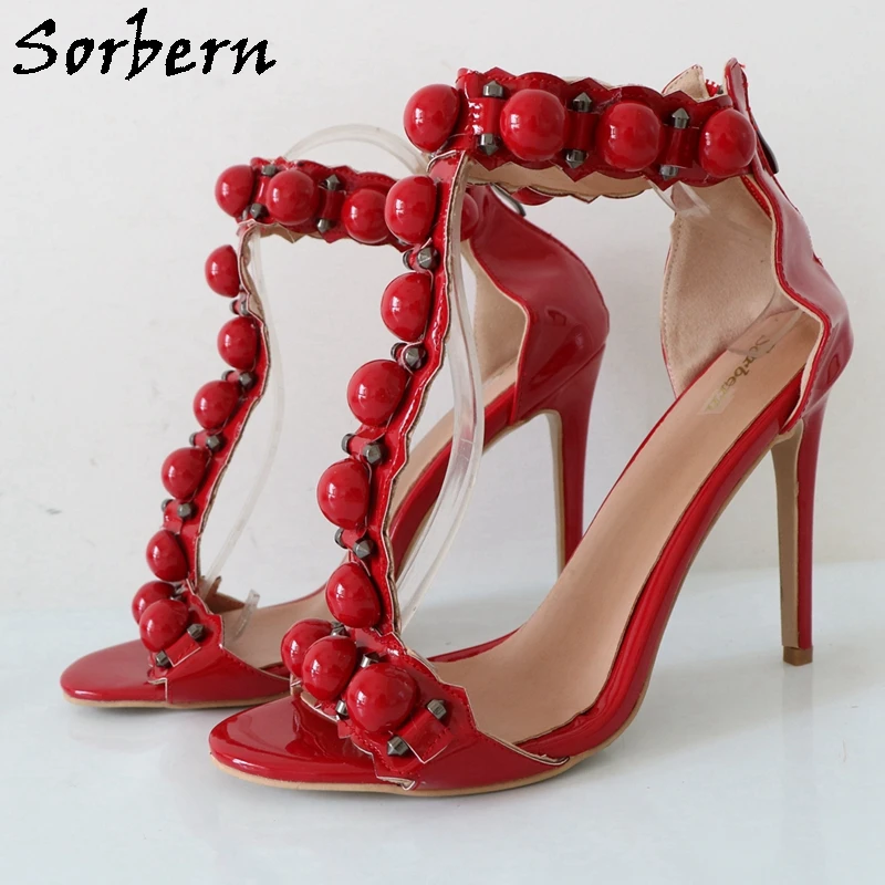 Sorbern White Button T-Strap Studded Sandals High Heel Women Ankle Strap Stilettos Summer Women Shoes Size 9 Dropshipping