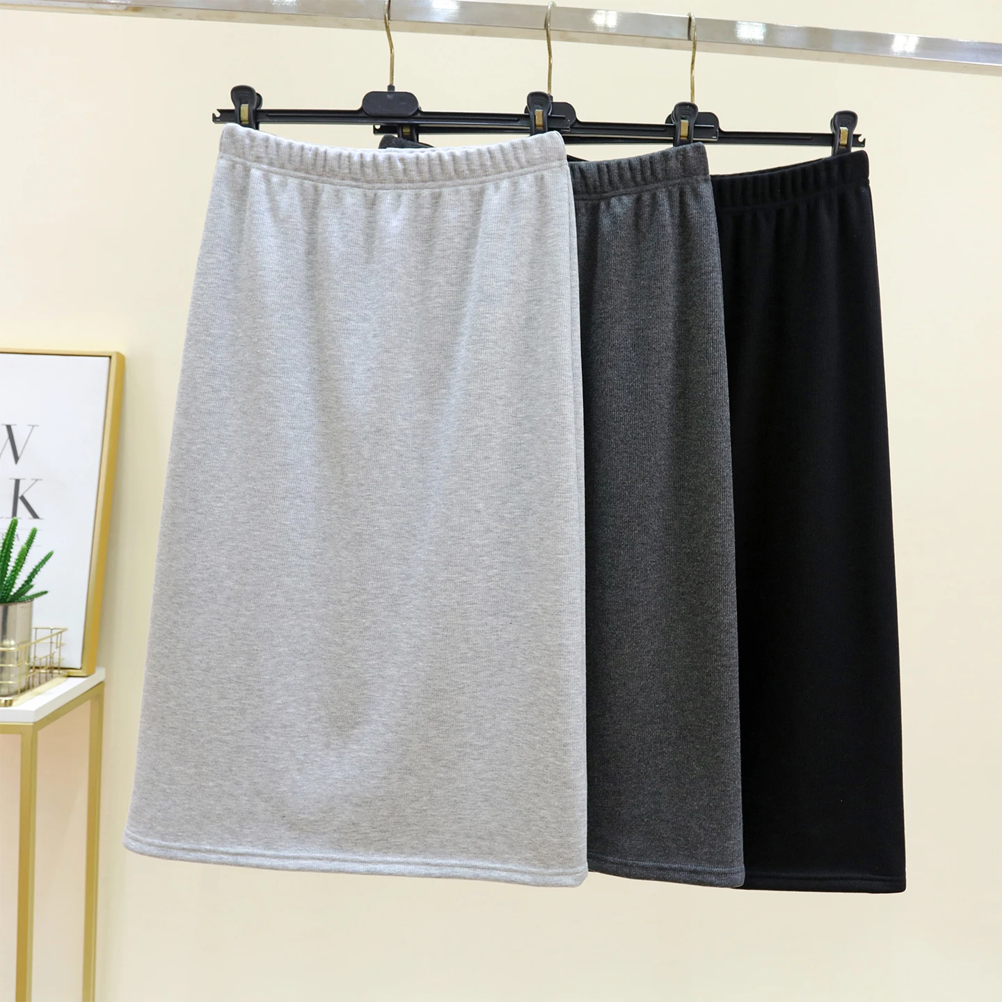 Thickened Fleece Warm High Waist A-Line Skirt Women's Autumn Winter Long Skirt Cotton Blend Elastic Fiber High Waist Design