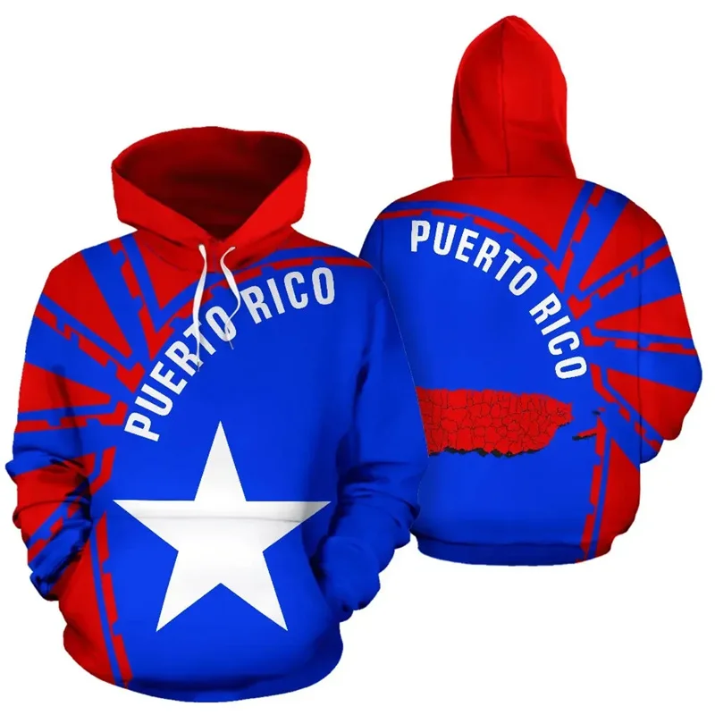 3D Printed Puerto Rico Flag Hoodie For Men Coat Of Arm Pullovers Sweatshirt Long Sleeve Casual Oversized Hoody Tracksuit