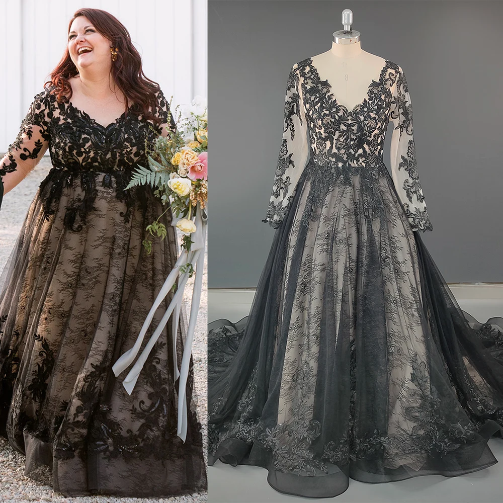 Long Sleeves Black Lace Wedding Dress Customized Large Size Sheer Tulle Appliqued Rustic V Neck Backless Puffy Bridal Ball Gown