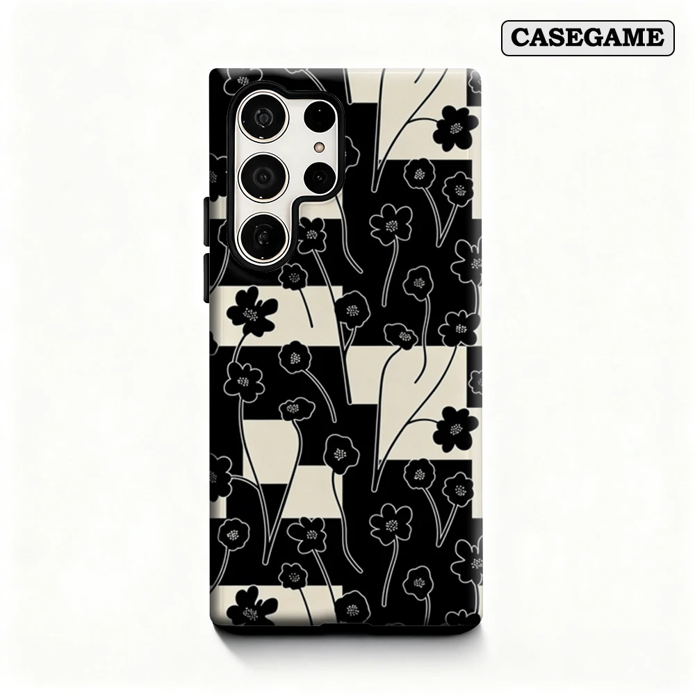 Casegame Phone Case for Samsung Galaxy S25 S26 Ultra S24 S23 Ultra Plus Shockproof Double Layer Checkered Floral Sketch Cover