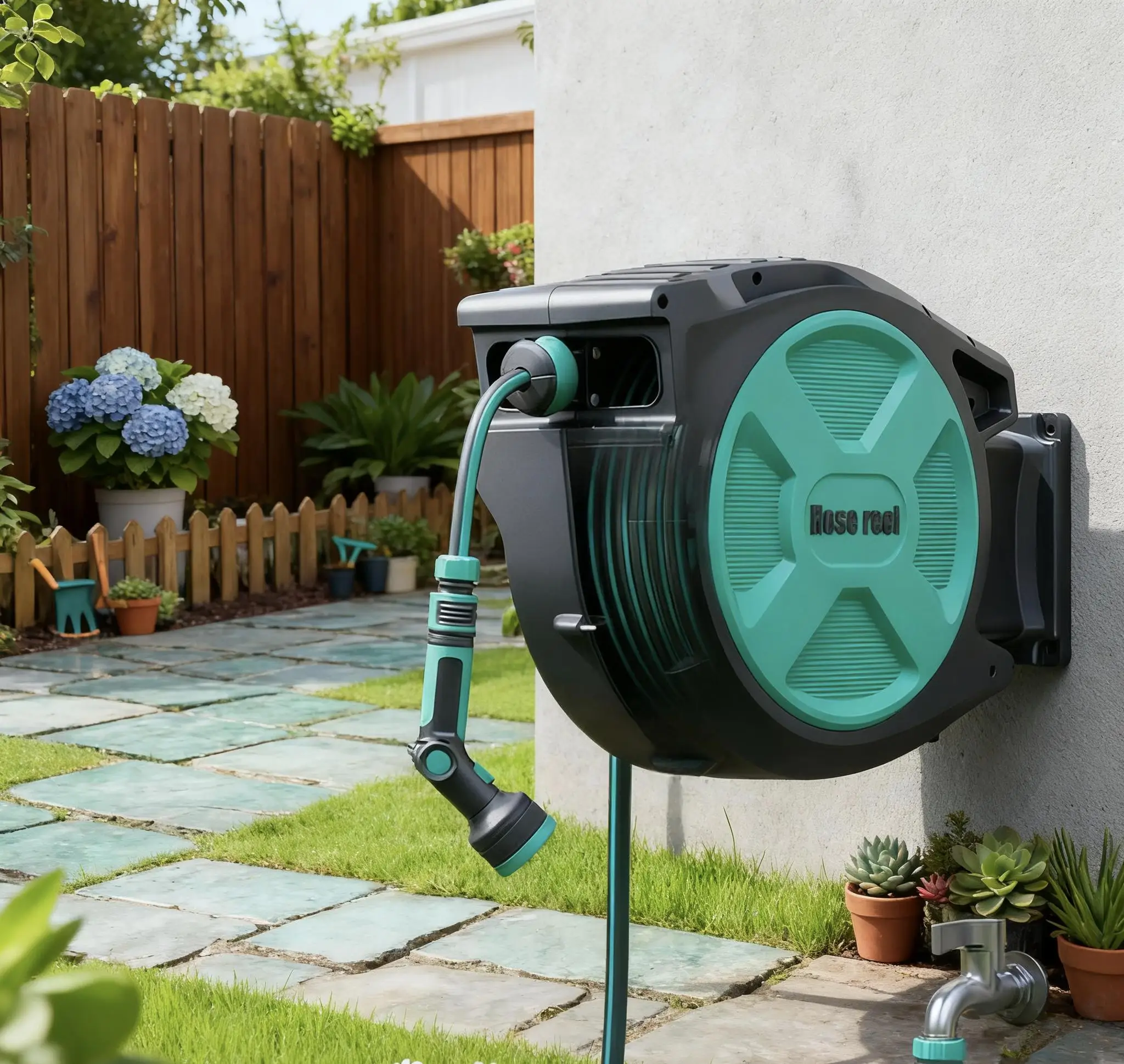 Custom Wall Mountable Automatic Rewind Garden Hose Reel Free Locking Hose 180° Free Rotation Cover Your Garden PVC Hose