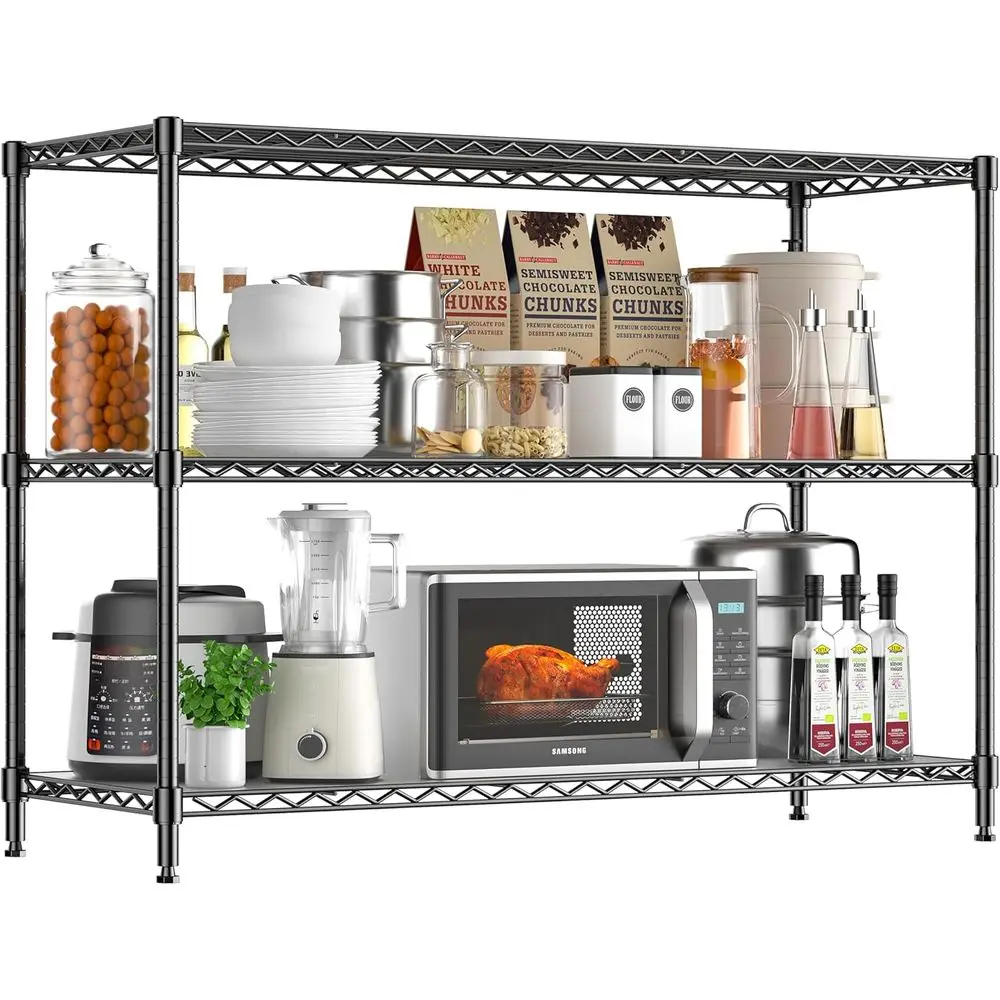 Adjustable 3-Shelf Metal Storage Rack, 35.1W x 14D x 36H, for Kitchen, Pantry, Bathroom, or Garage, Black
