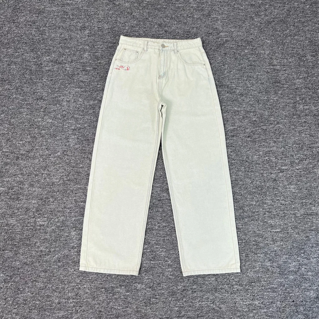 

Джинсы Fce из чистого хлопка с вышивкой Fi Pond Bear, ограниченная серия, повседневная эластичная молния с высокой талией, свободная посадка средней длины