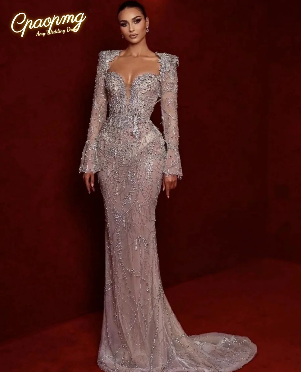 Customized Luxury Mermaid Prom Dresses Full Sleeve V-Neck Floor-Length Appliques Sequined Bridal Gowns Plus Size Formal Occasion