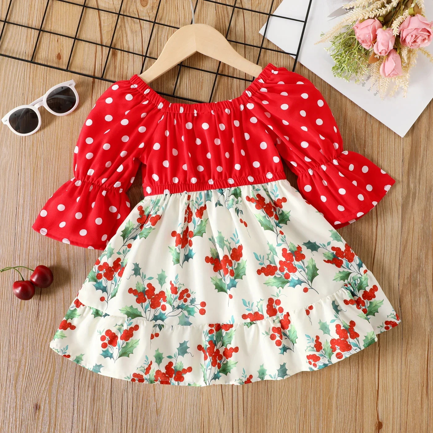 PatPat Toddler Girl Polka dots Floral Print Splice Bell sleeves Dress Soft and Comfortable  Perfect for Outings and Daily Wear