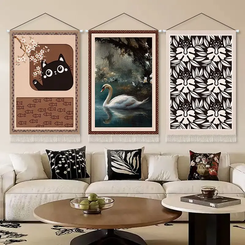 VIKAMA Boho Animal Print Tapestry Retro Cat Swan Floral Art Linen Wall Hanging Bedroom Dorm Living Room Home Decor Unique Gift