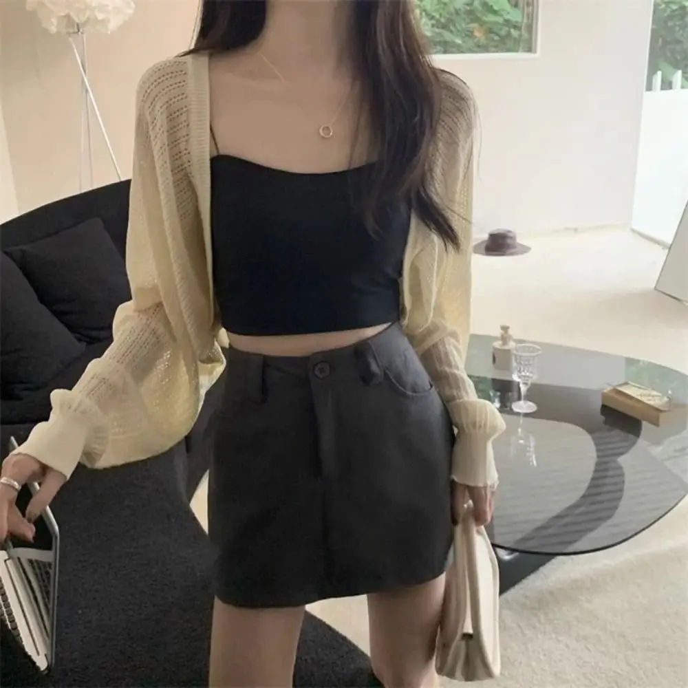 Sunscreen Crop Knit Cardigan Solid Color Thin Cardigan Coat Woman Simple Long Sleeve Smock Top Air-Conditioning Shirt