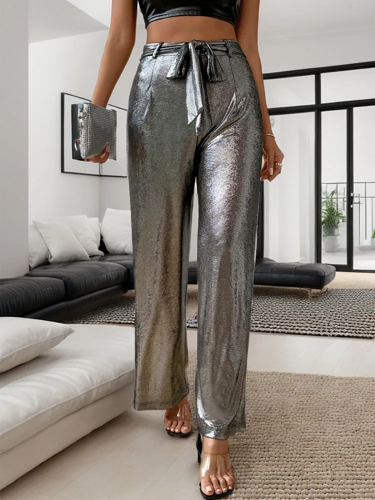 

JIM & NORA Europe and the United States hot selling women's silver metallic pants with science and technology straight pants