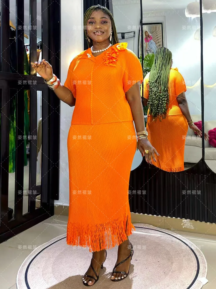 Chic e elegante conjunto de 2 peças feminino miyake plissado topo e saias longas festa de luxo senhora do escritório moda duas roupas femininas 2026