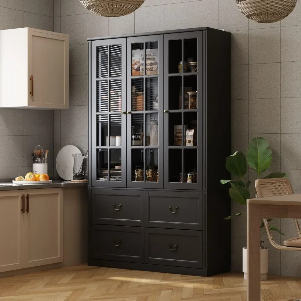 

Large Pantry Cabinet Kitchen Storage Cabinet with 4 Drawers & Glass Doors, Kitchen Pantry with Adjustable Shelves, Pantry