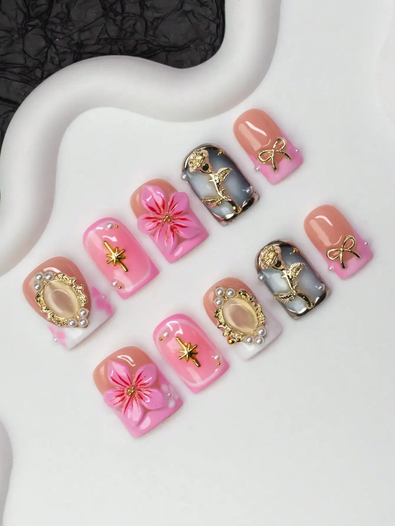 10pcs/Set Handmade Square Nail Tips, Y2K Baddie Style, Nude, Pink, Silver Color With French Edge, Carved Flower, Rose, Bow, Gems