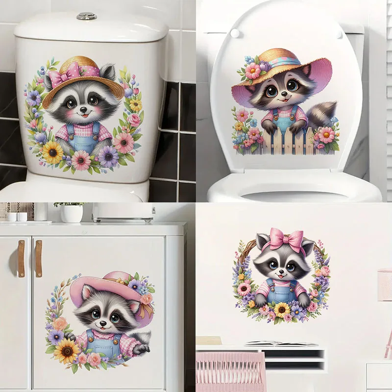 

Floral Raccoon 1pc Toilet Stickers,Wall Decal Removable, Reusable Vinyl Car Sticker for Toilet Lid, Bathroom Decor