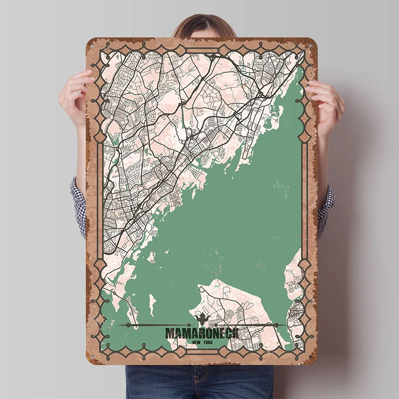 Mamaroneck New York Map Poster Customized Wall Art Vintage Metal Signs Retro Tin Plaque for Man Cave Home Decor Room Decoration