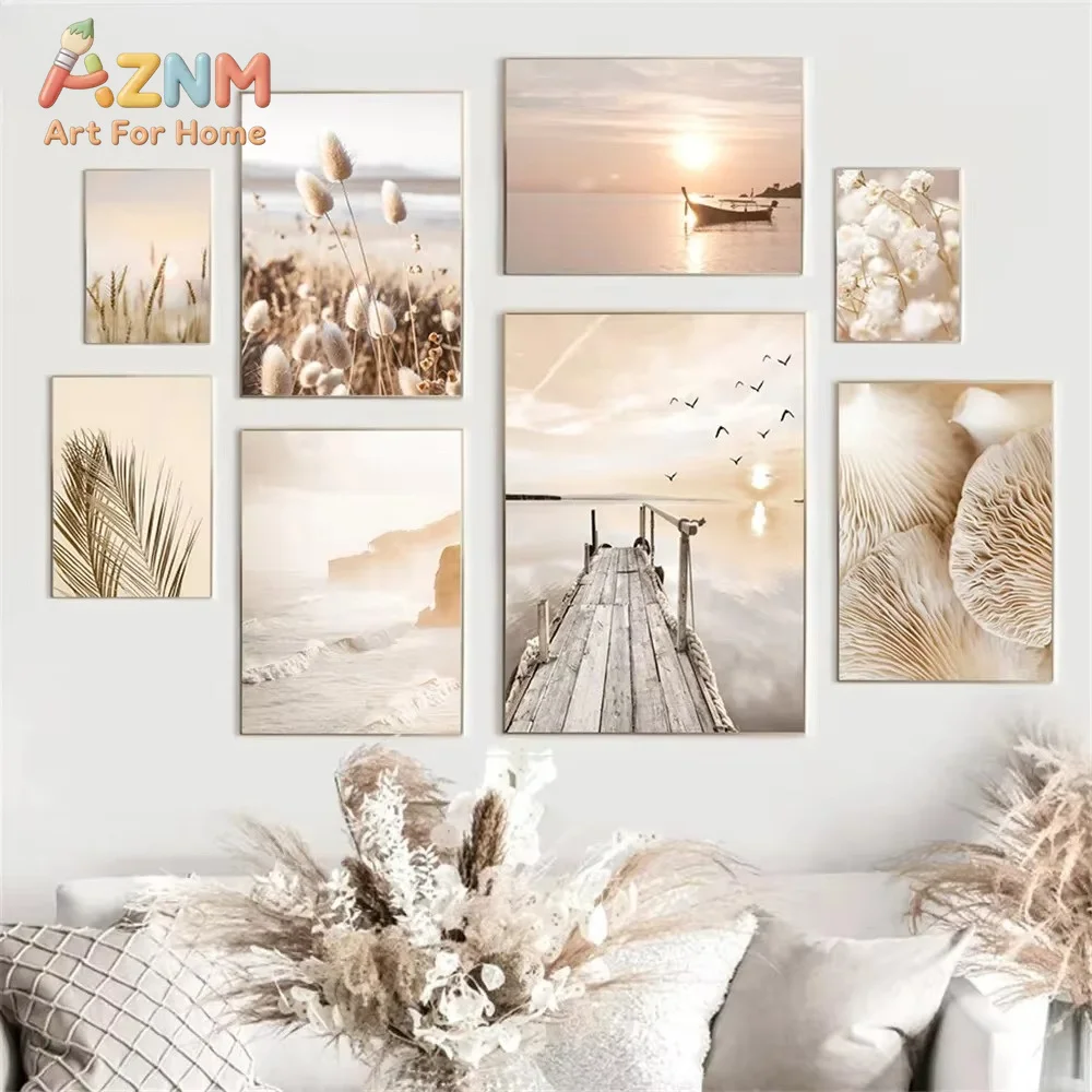 1PC Sunset Sea Lake Boat Bridge Canvas Painting Seagull Beach Poster Beige Leaf Reed Wall Art Print Nordic Pictures Home Decor