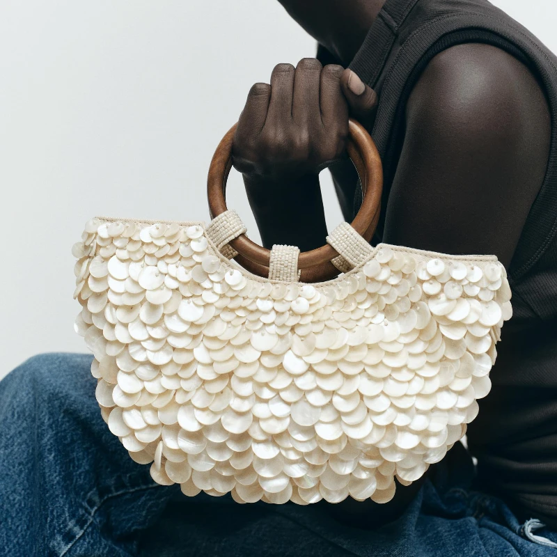 

Сумки из искусственного Nacre Appli Fisk для женщин, новинка 2023 года, двойные круглые верхние ручки в форме полумесяца и съемный ремешок через плечо с цепочкой