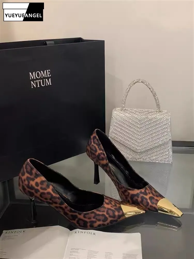 

High Quality Fashion Elegant Womens Pumps Leopard Print Design Spliced Metal Square Toe Office Ladies Sexy Stiletto Heels Shoes