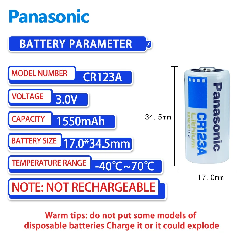 Panasonic CR123A 1PCS 3V lithium battery 1550mAH suitable for gas water electricity Olympus film camera smoke alarm