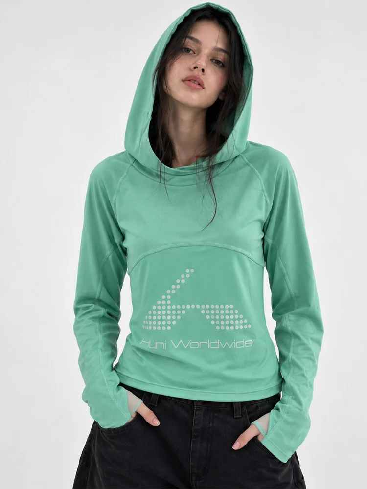 Winter Women Y2K Streetwear Mint Green Hooded Long Sleeve Slim Fit Lightweight Breathable Pullover Top Casual Sports Hoodie Wear