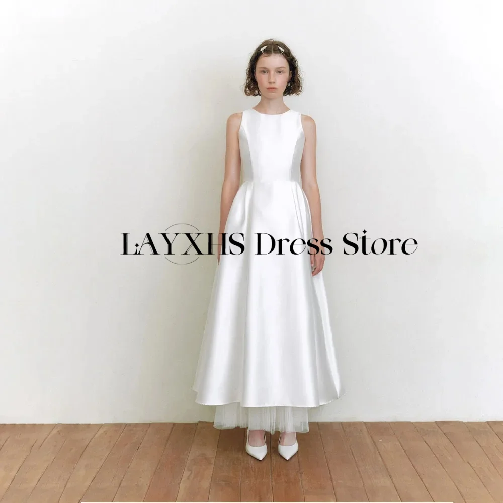 Vestido de novia sencillo con cuello redondo, sesión de fotos al aire libre de Corea, corte en A, hasta el tobillo, vestidos de novia de satén, vestido de recepción personalizado 2026