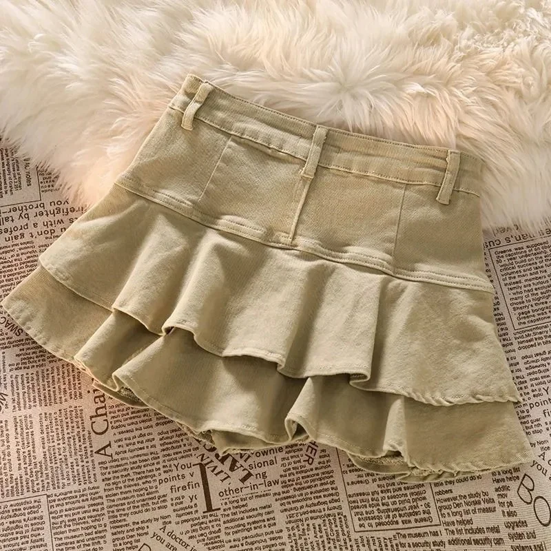 Streetwear Women Khaki Denim Skirts High Waist Short Jean Skirts Stretch Slim Sexy Pleated Skirt Spring Summer A-Line Pantskirts