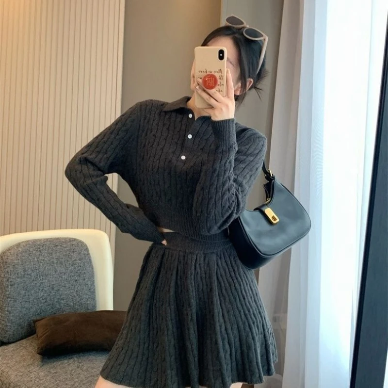 Sweater Short Dresses Women Autumn Korean Fashion Preppy Style Knit Two Pieces Set Female Casual Solid Color Pleated Skirt Suit