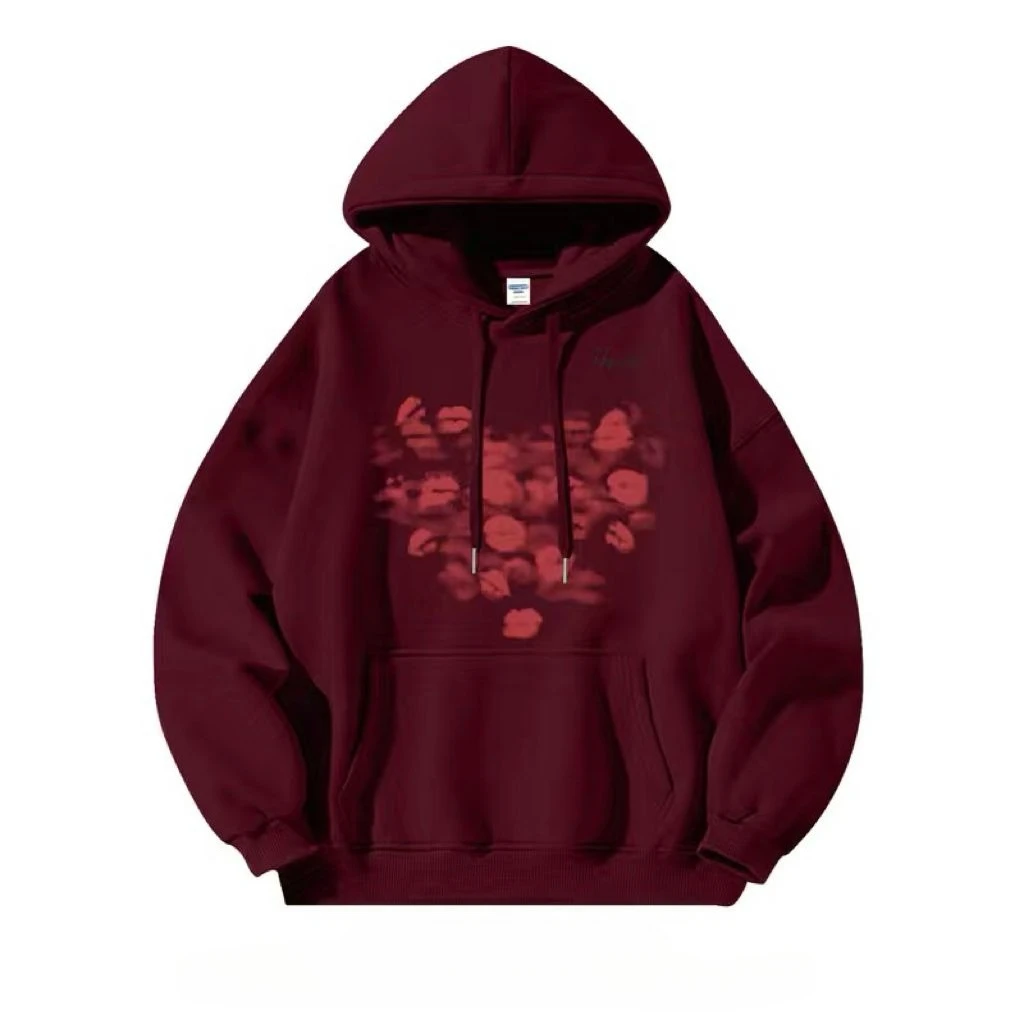 Autumn Winter Hooded Sweatshirt Silver Fox Fleece Lip Print Hoodie Streetwear Couples Warm Pullover Outerwear