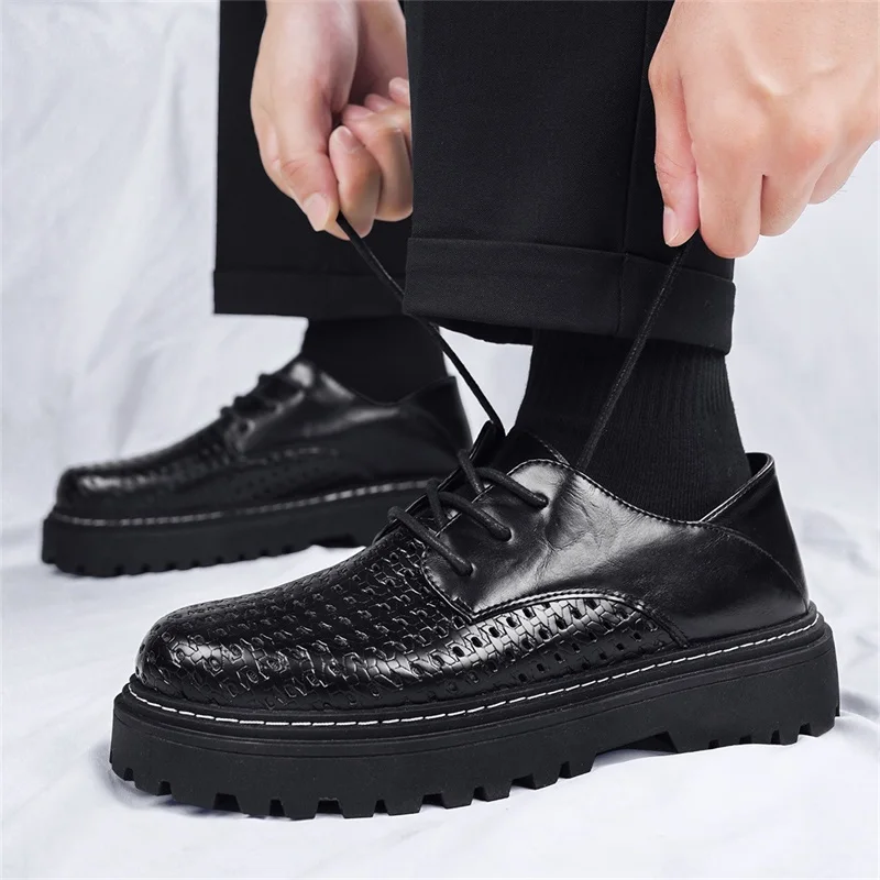 Summer Men's Leather Shoes Breathable Hollow Out Weave Shoes High-quality Business Office Luxury Dress Thick Soled Work Shoes