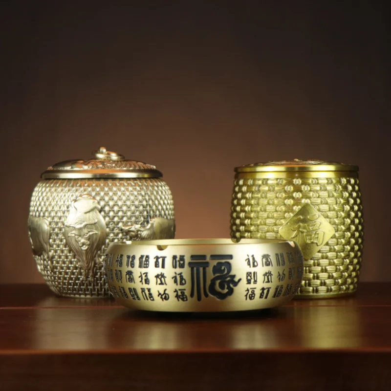 Wuniu canister, sealed , high-end small metal tea box, storage jar, copper ashtray