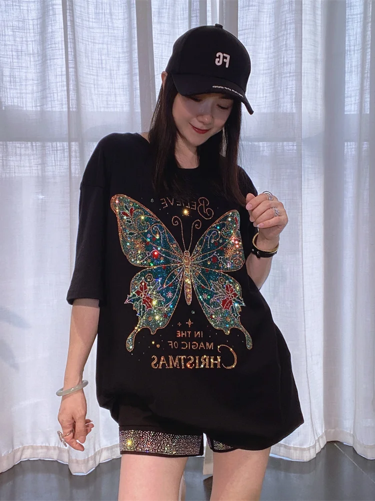 Summer New Shiny Butterfly Diamond T-shirt Women Round Neck Hot Drilling Mid-long Pullover Fashion Casual Basic Tees